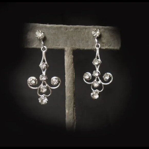 Vintage Rhinestone Screwback Drop Earrings, 50s Dangles In Jewelry Gift Box - Picture 2 of 15